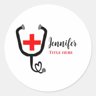 Sticker Rond Infirmière médecin rouge plus stéthoscope ajouter