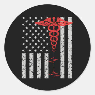 Sticker Rond Infirmière mince Red Line Caduceus American Flag