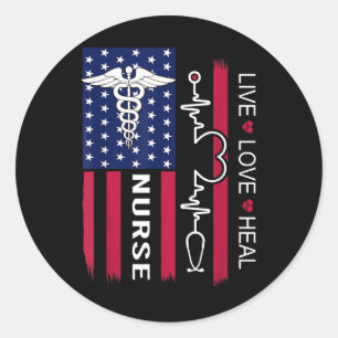 Sticker Rond Infirmière Stéthoscope Battement de coeur Drapeau 