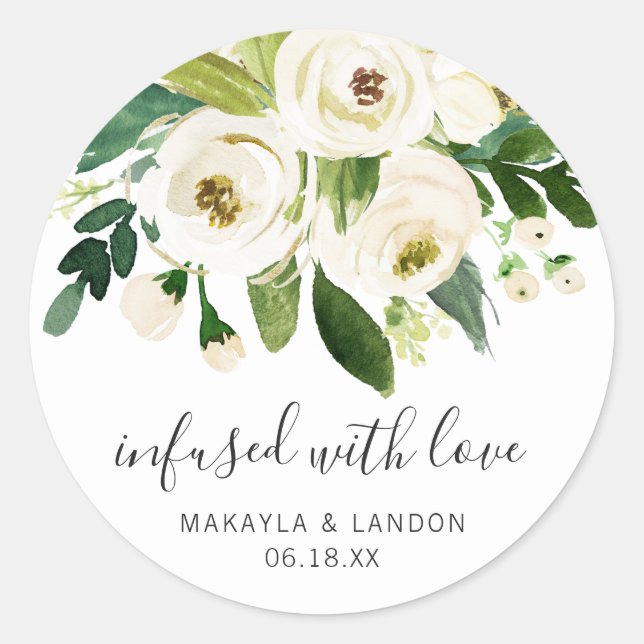 Sticker Rond Infusé Avec Amour Élégant Mariage Floral Blanc (Devant)