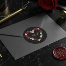 initial noir avec coeur floral rose