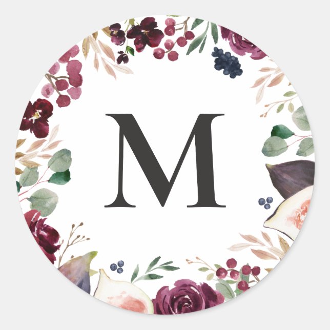 Sticker Rond Initiale florale aquarelle rose et violette (Devant)