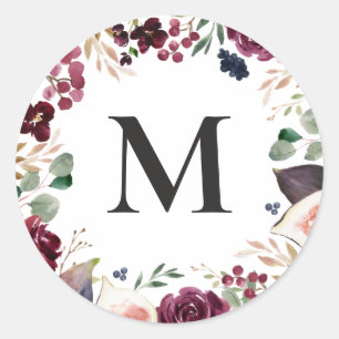 Sticker Rond Initiale florale aquarelle rose et violette