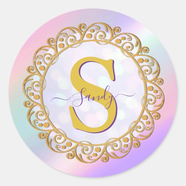 Sticker Rond Initiale Iridescente Chic Avec Défilement Or (Devant)