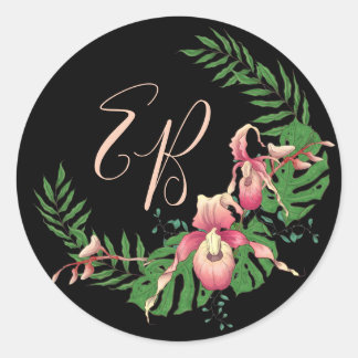 Sticker Rond Initiales à l'orchidée rose Lady Slipper Classic R