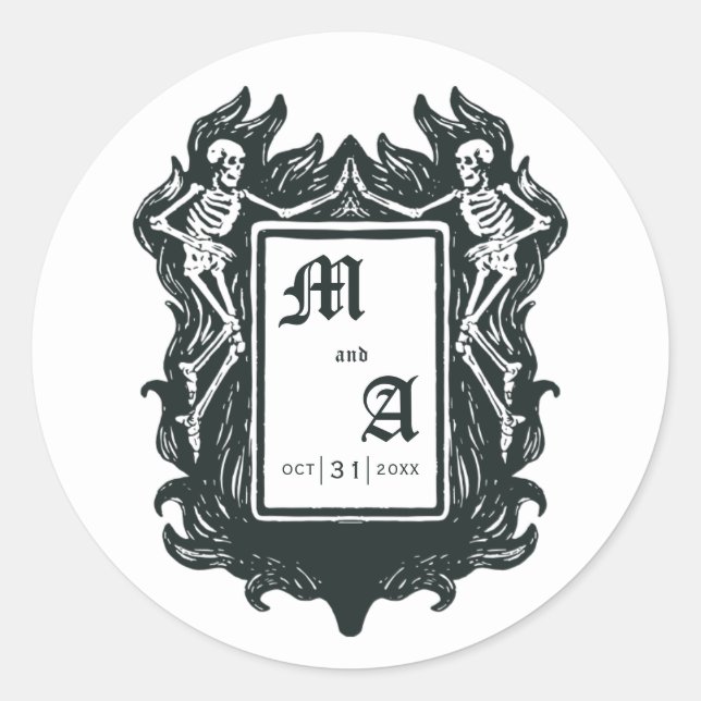 Sticker Rond Initiales d'amour de squelette gothique  (Devant)