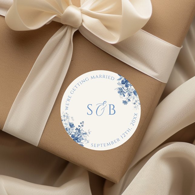 Sticker Rond Initiales d'autocollant de mariage rond floral ble (Créateur téléchargé)