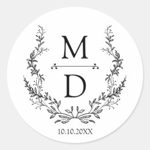 Sticker Rond initiales de couronne botanique monogramme mariage