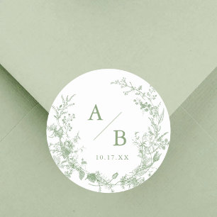 Sticker Rond Initiales de mariage victoriennes toile vert sauge