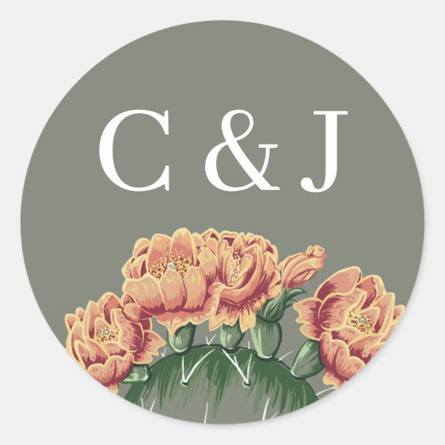 Sticker Rond Initiales du Mariage de Cactus Flower Desert (Devant)