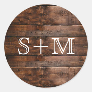 Sticker Rond Initiales du Monogramme de texture en bois brun ru