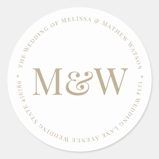 Sticker Rond Initiales Gold de la mariée Adresse Blanc (Devant)