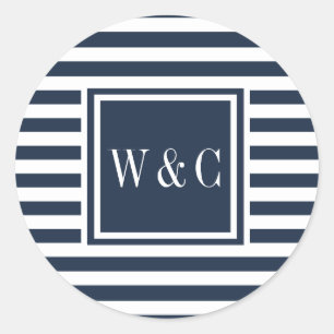 Sticker Rond Initiales modernes Monogramme Marine Bleu Bleu Bla