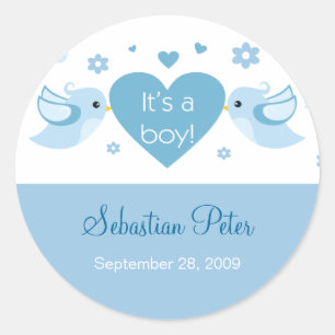 Sticker Rond Inséparables bleus Faire-part de naissance bébé