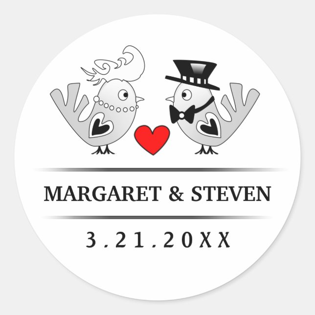 Sticker Rond Inséparables Mariages noirs et blancs Coeur rouge (Devant)