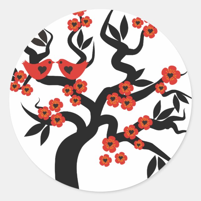 Sticker Rond Inséparables noirs rouges sakura cherry tree & Blo (Devant)