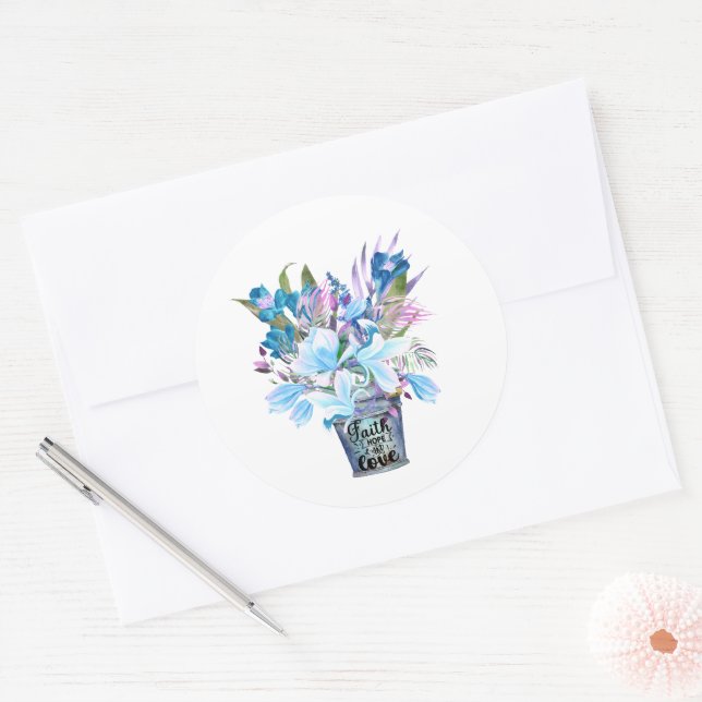 Sticker Rond Inspiration Flower Bucket Blue Faith Hope Love (Enveloppe)