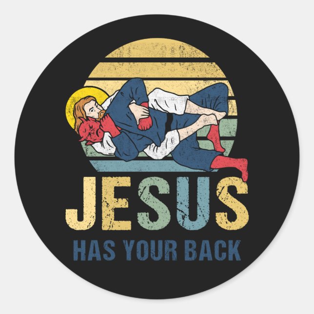 Sticker Rond Inspiration Jésus a votre dos Jiu Jitsu Retro (Devant)
