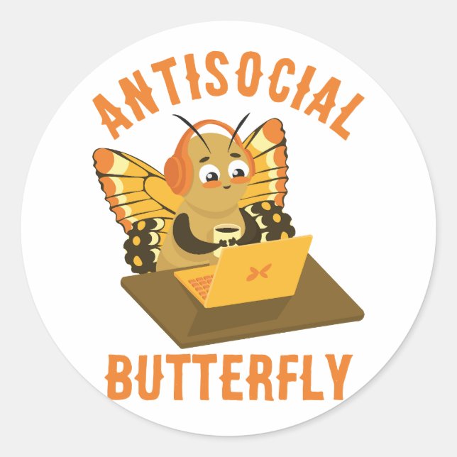 Sticker Rond Introvert Humour mignon drôle papillon antisocial (Devant)