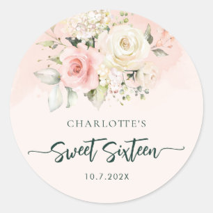 Sticker Rond Invitation anniversaire 16 ans douce aquarelle flo