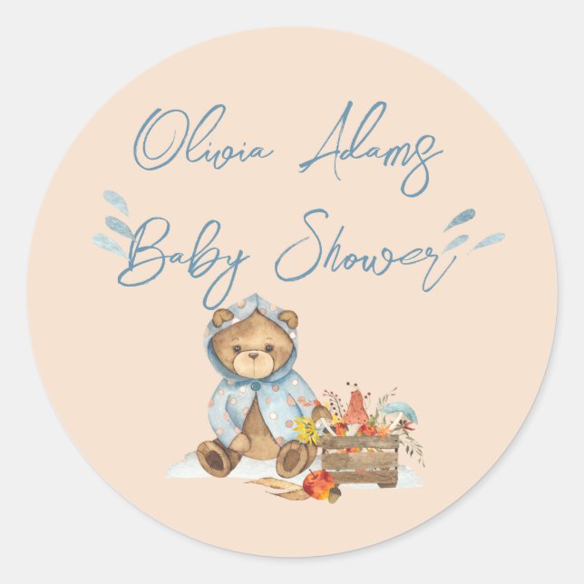 Sticker Rond Invitation Baby shower Ours d'automne, Ours d'auto (Devant)