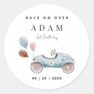 Sticker Rond Invitation d'anniversaire de voiture de course, An