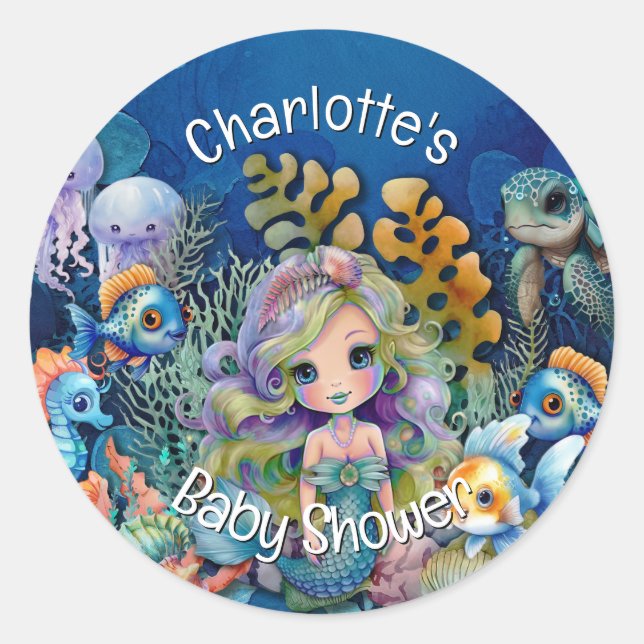 Sticker Rond Invitation de Baby shower mignonne de sirène (Devant)