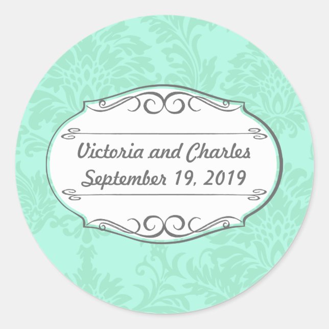 Sticker Rond Invitation de Mint Mariage damassé moderne (Devant)