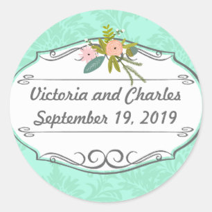 Sticker Rond Invitation de Mint Mariage damassé moderne