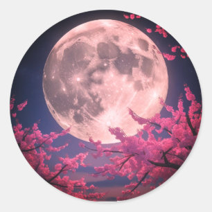 Sticker Rond Invitation Pleine lune et fleurs de cerisiers - Él