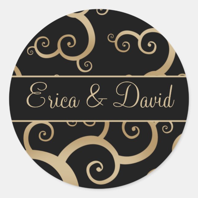 Sticker Rond Invitations Gold Black Mariage damassé (Devant)