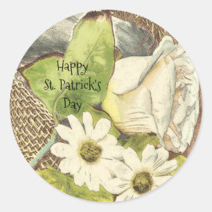 Sticker Rond Irish Happy St. Patrick's Day White Flowers