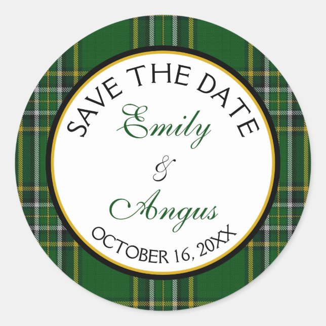 Sticker Rond Irish National Tartan Wedding Enregistrer la date (Devant)
