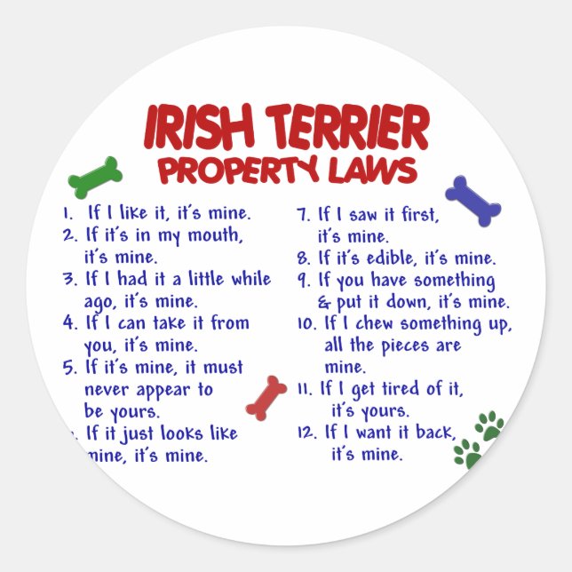 Sticker Rond IRISH TERRIER Propriété Lois 2 (Devant)