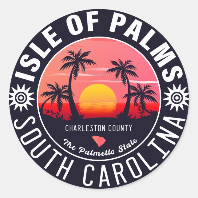 Sticker Rond Isle of Palms SC Retro Sunset Souvenirs 80s (Devant)