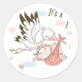 Sticker Rond It’s a Girl Stork and Baby
