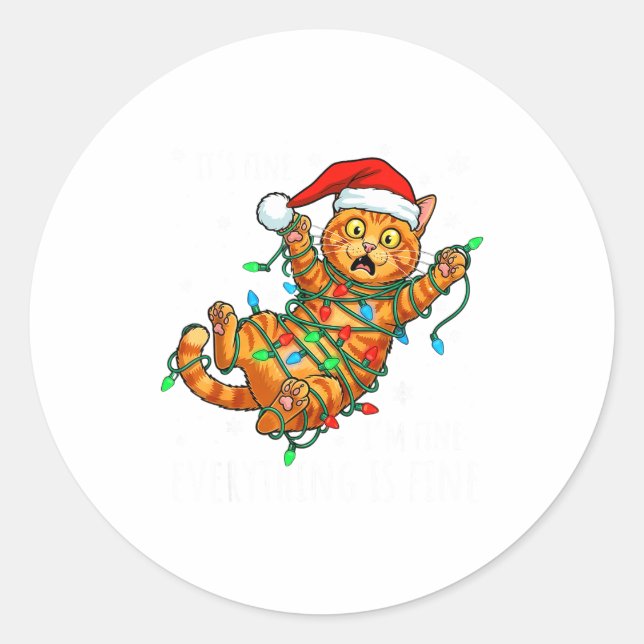 Sticker Rond It's Fine I'm Fine Orange Cat Christmas Light Funn (Devant)