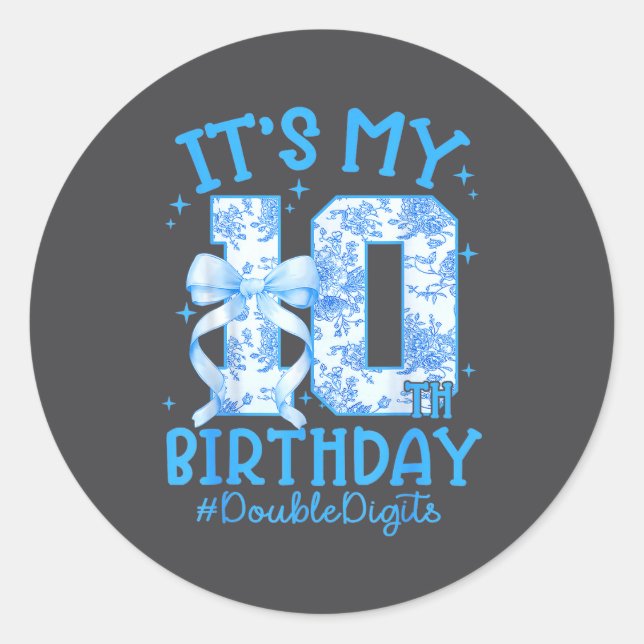 Sticker Rond It's My 10th Birthday Girl Blue Coquette Bow 10 Ye (Devant)