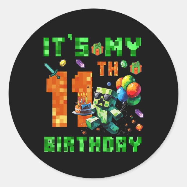 Sticker Rond It's My 11th Birthday Pixel Number Video Game Game (Devant)