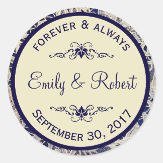 Sticker Rond Ivory Lace Royal Navy Bleu Mariage officiel