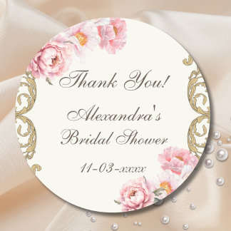 Sticker Rond Ivory Pink Peony Vintage Bridal Shower Thank You