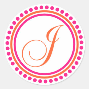 Sticker Rond J Monogramme (rose / cercle orange de points)