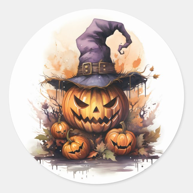 Sticker Rond Jack-O-Lantern déplaisant avec Casquette de sorciè (Devant)