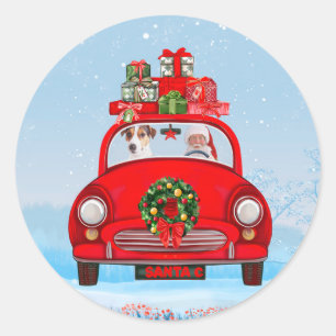 Sticker Rond Jack Russell Chien En Voiture Avec Le Père Noël