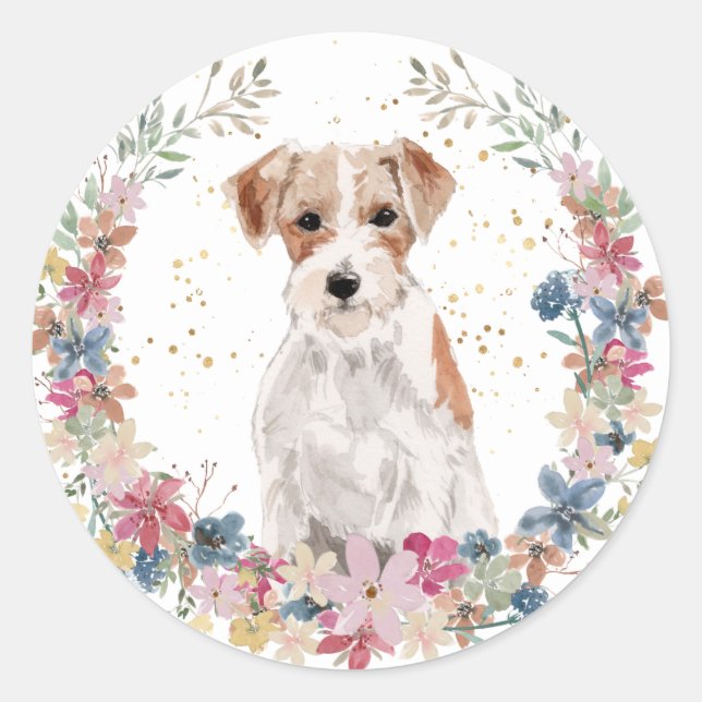 Sticker Rond Jack Russell Terrier Fleurs de printemps Wreath (Devant)