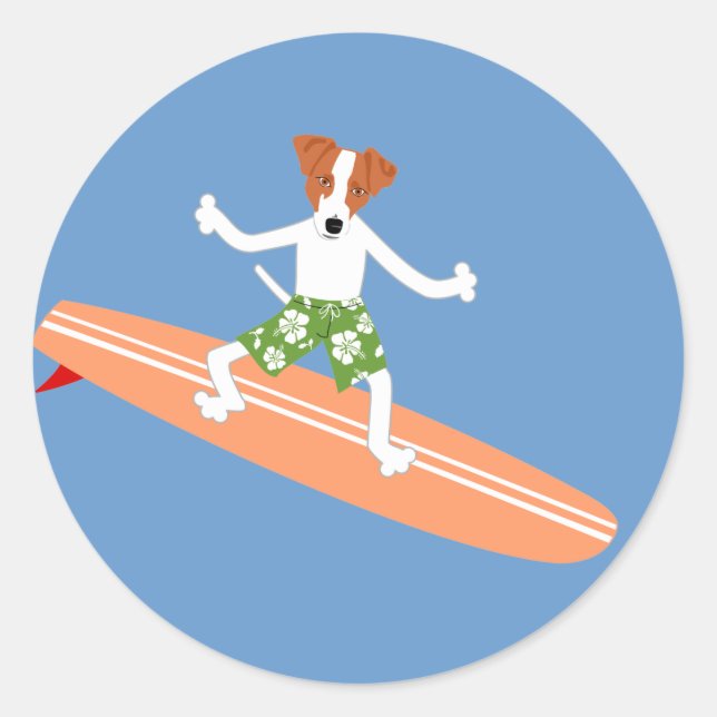 Sticker Rond Jack Russell Terrier Surfer Longboard (Devant)