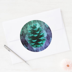 Sticker Rond Jacquard vintage classique pinecone bleu rustique 