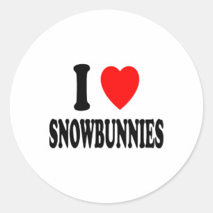 Sticker Rond J'adore (j'aime) les Snowbunnies Skiant Snowboardi