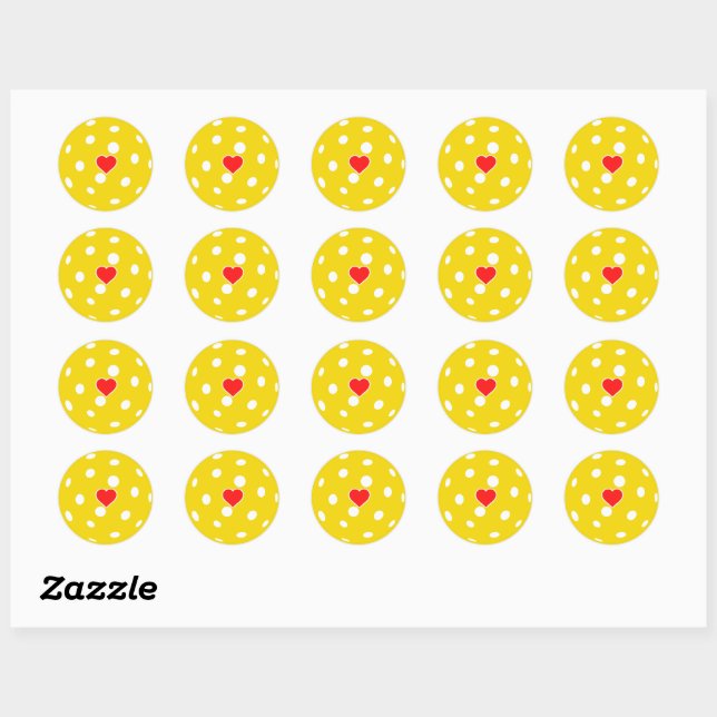 Sticker Rond J'adore le pickleball jaune boule avec coeur (Feuille)