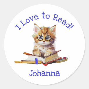 Sticker Rond J'adore lire avec un chaton mignon